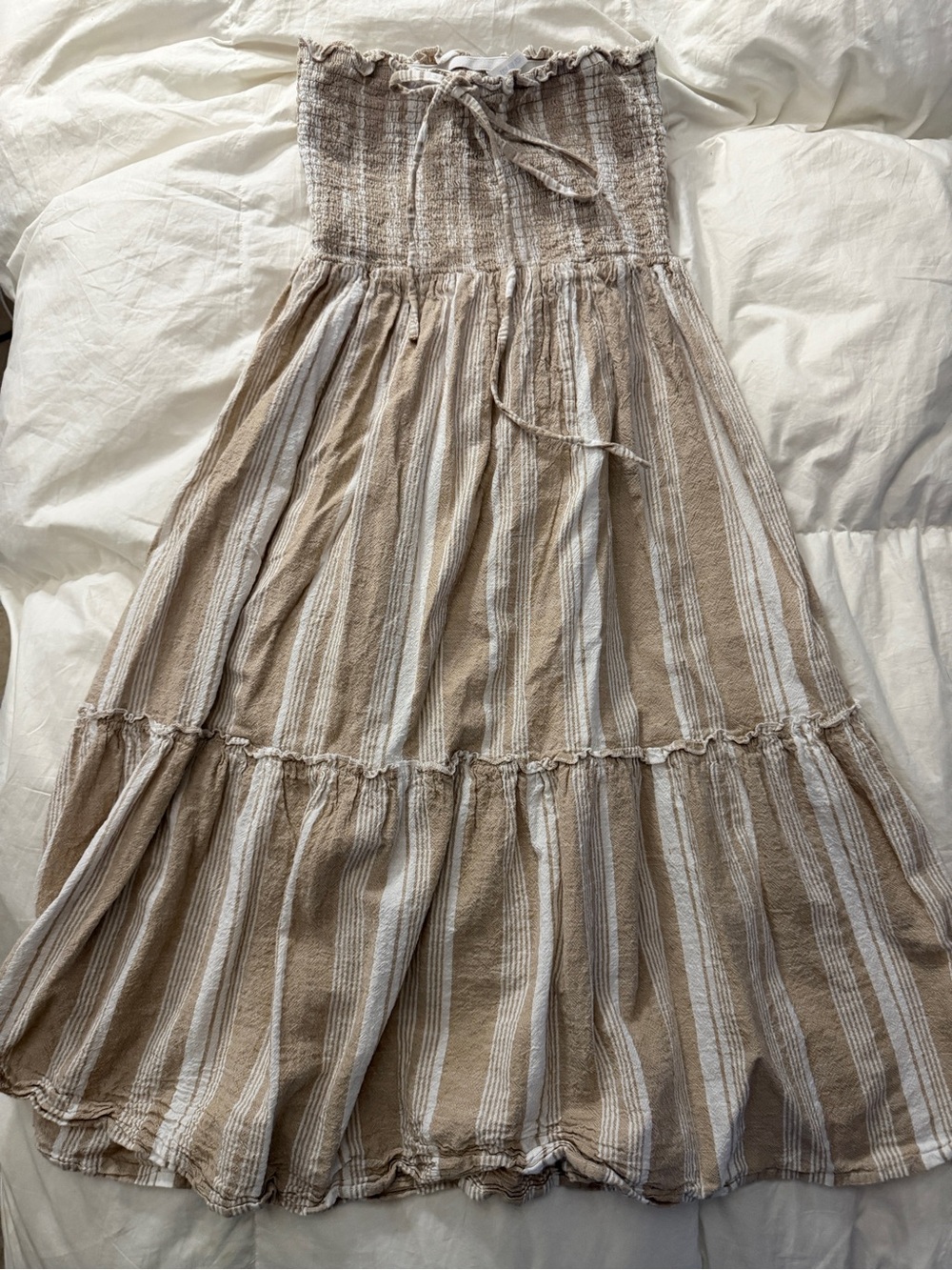 Deja Bleu Strapless Dress in Beige Stripe